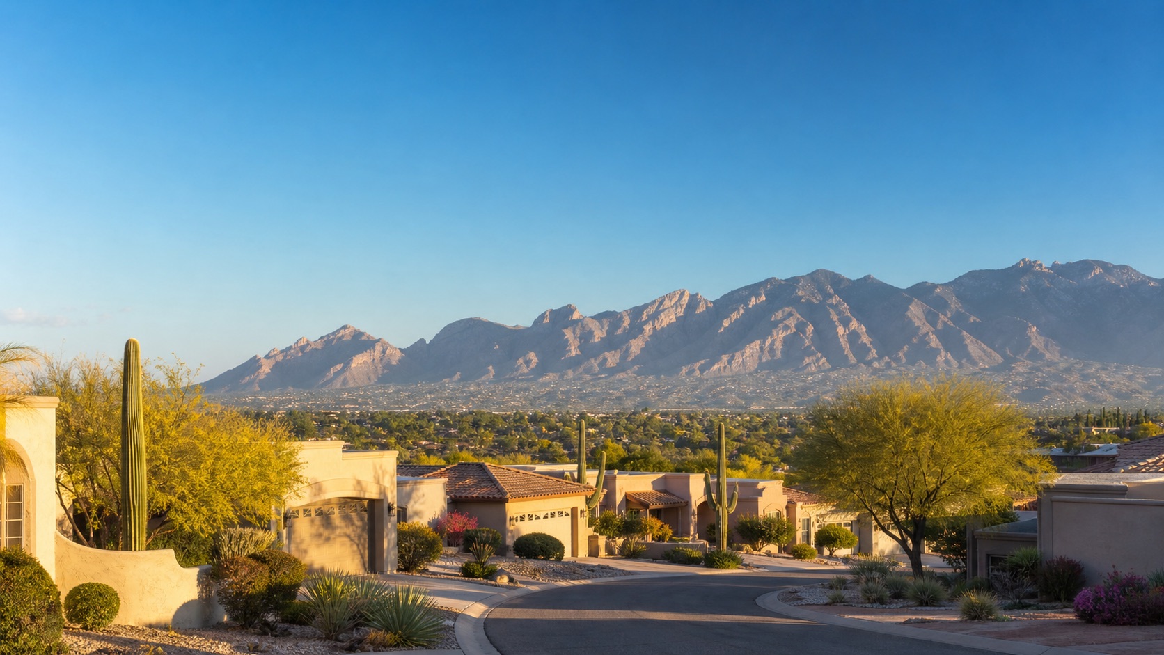 Tucson-area homes and desert landscaping below the Catalina Mountains