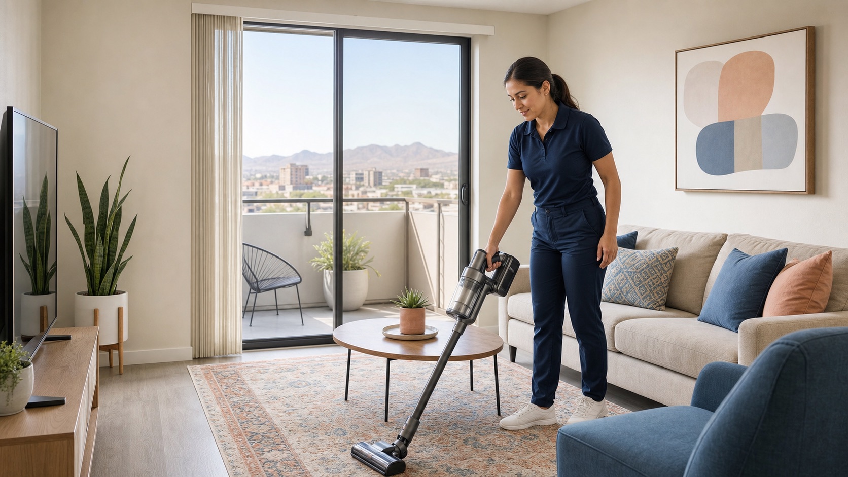Cleaner vacuuming a bright Tucson apartment living room