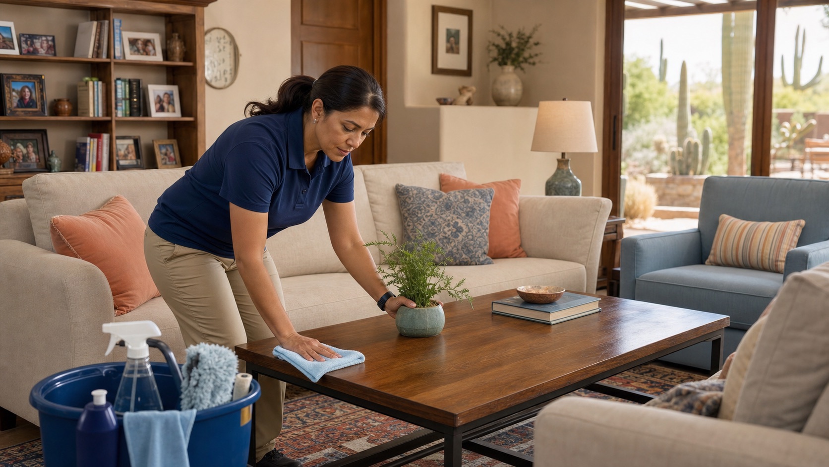 Cleaner completing recurring service in a comfortable Tucson living room