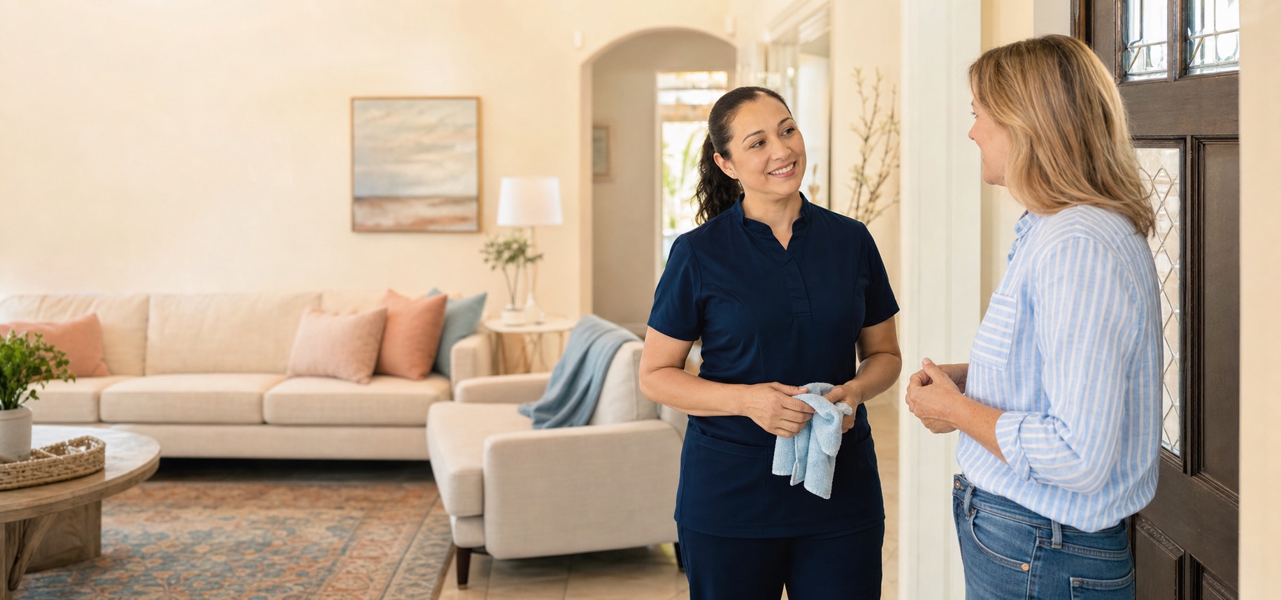 Homeowner speaking with a cleaner after a completed house cleaning