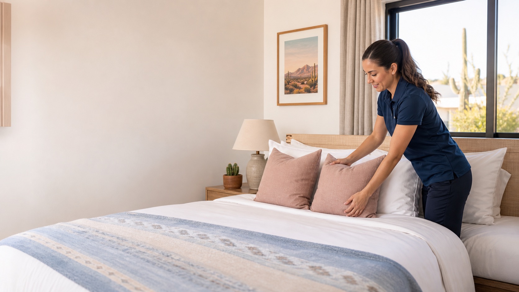 Cleaner preparing a guest-ready vacation rental bedroom in Tucson